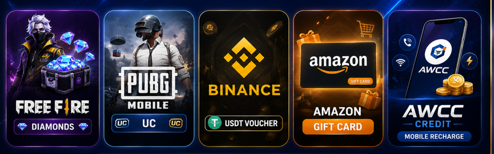 AWCC Online Shop products — Free Fire Diamonds, PUBG UC, Binance USDT Voucher and Amazon Gift Card
